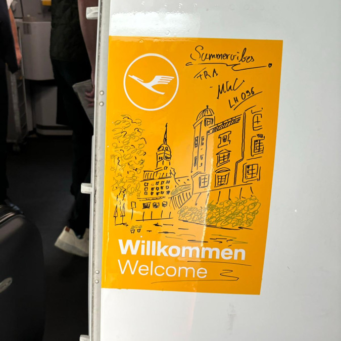 Lufthansa Welcome Panel with drawing made by Flight Attendant